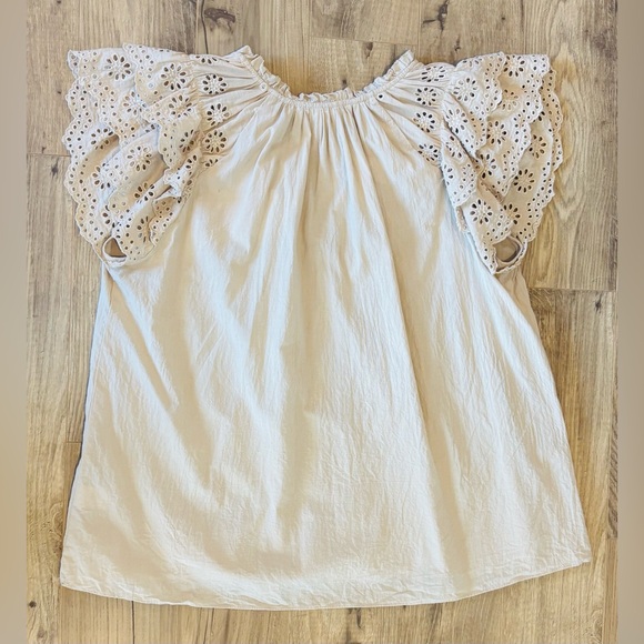 Grade & Gather Cream Eyelet Flutter Sleeve Blouse – 100% Cotton – Size Large - Picture 2 of 4